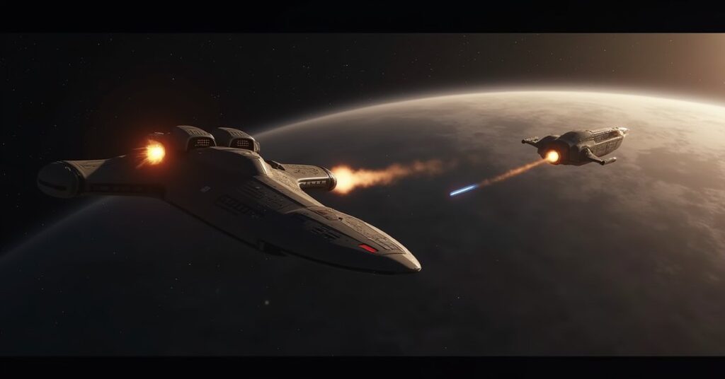 An unmarked Romulan ship attacks a civilian vessel as a pursuing starship arrives in Star Trek Fleet Command