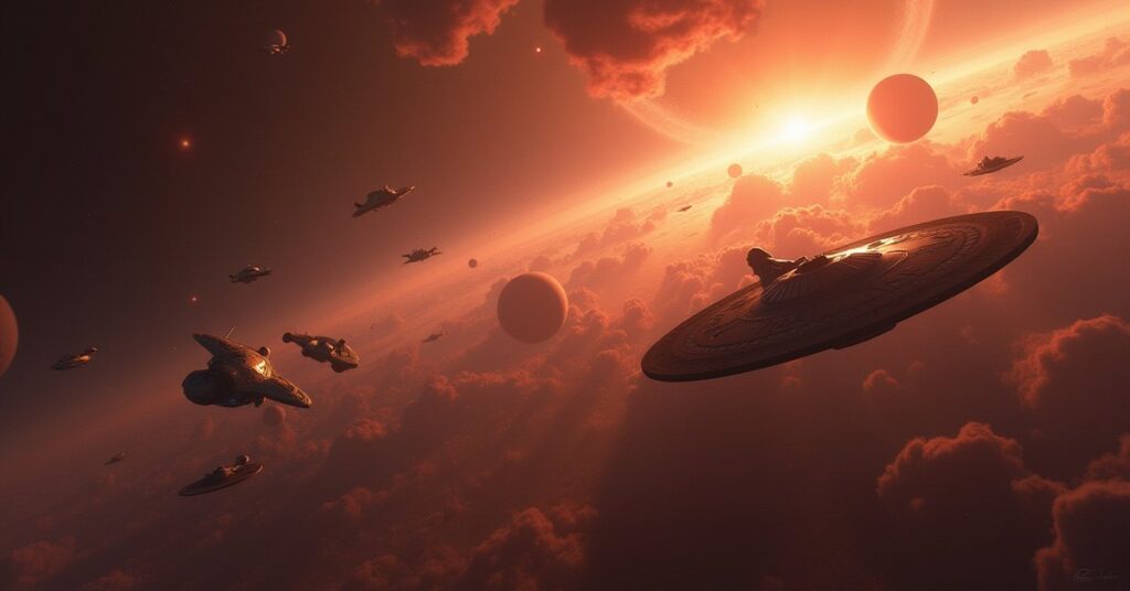 Klingon and Federation fleets rallying in a nebula in Star Trek Fleet Command
