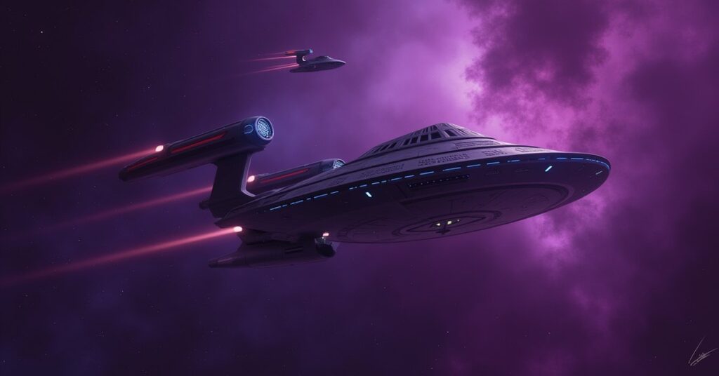 A small Romulan ship escorted by a starship as a warbird decloaks in Star Trek Fleet Command