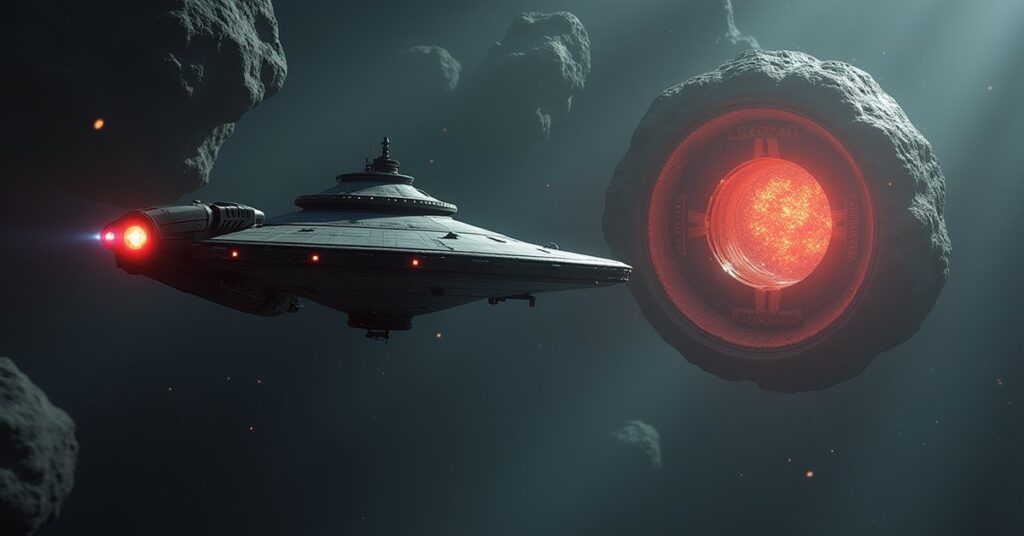 A starship facing a rogue drone beside an asteroid near a damaged station in Star Trek Fleet Command