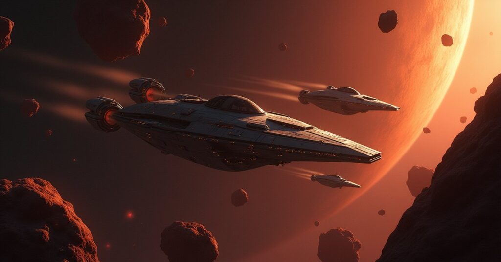 A starship escorting survey ships through an asteroid field as a pirate attacks in Star Trek Fleet Command