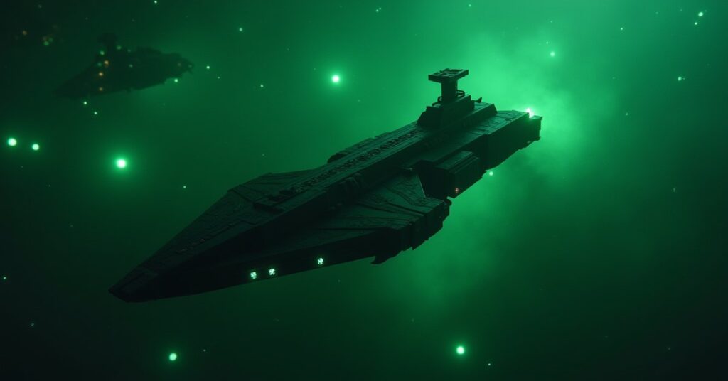 A starship collecting samples from glowing Borg space mines in Sigma Sector in Star Trek Fleet Command