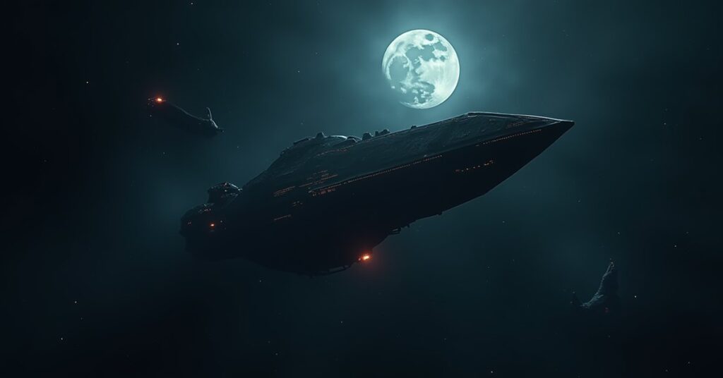 A starship entering a shadowy information market near a dark moon in Star Trek Fleet Command