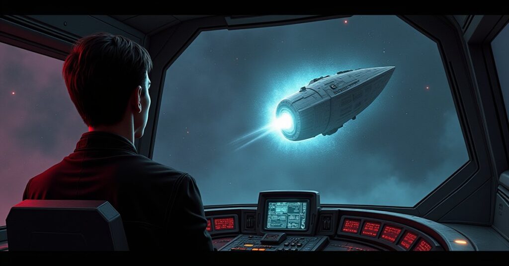 A starship confronting a vessel carrying a glowing rogue AI core in Star Trek Fleet Command