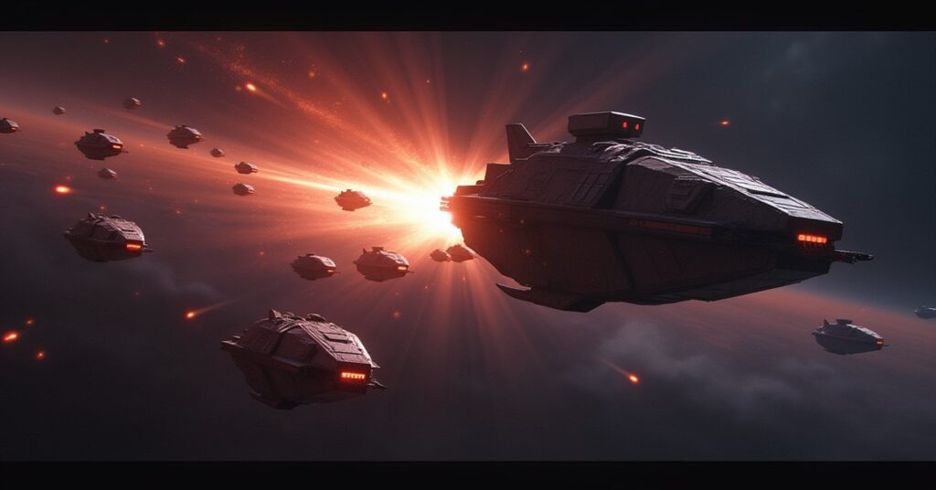 A starship racing to shield a small ship from a Pakled fleet in Star Trek Fleet Command