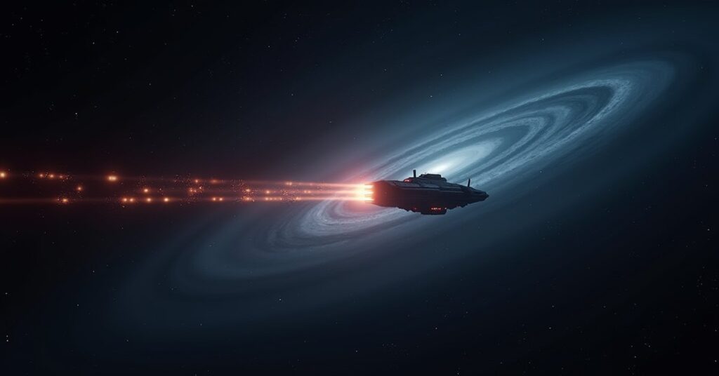 A starship revealing new warp lanes into an uncharted dark region of space in Star Trek Fleet Command
