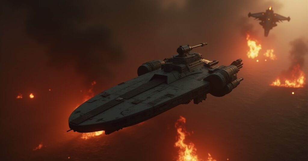 A disguised starship fleeing a burning colony pursued by a Klingon warship in Star Trek Fleet Command