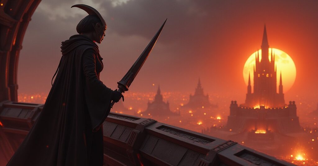 A Klingon widow holding a bat'leth on a starship bridge above a burning Klingon armory