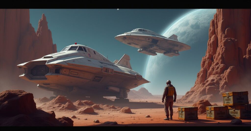 An engineer loading starship components into a shuttle below an orbiting starship in Star Trek Fleet Command