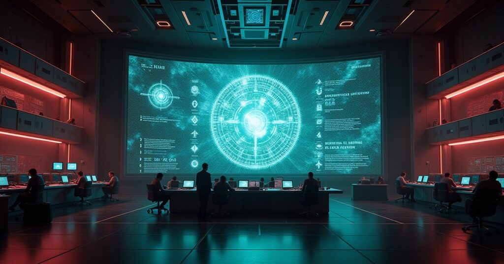 A station command center decoding glowing alien glyphs on a large display in Star Trek Fleet Command