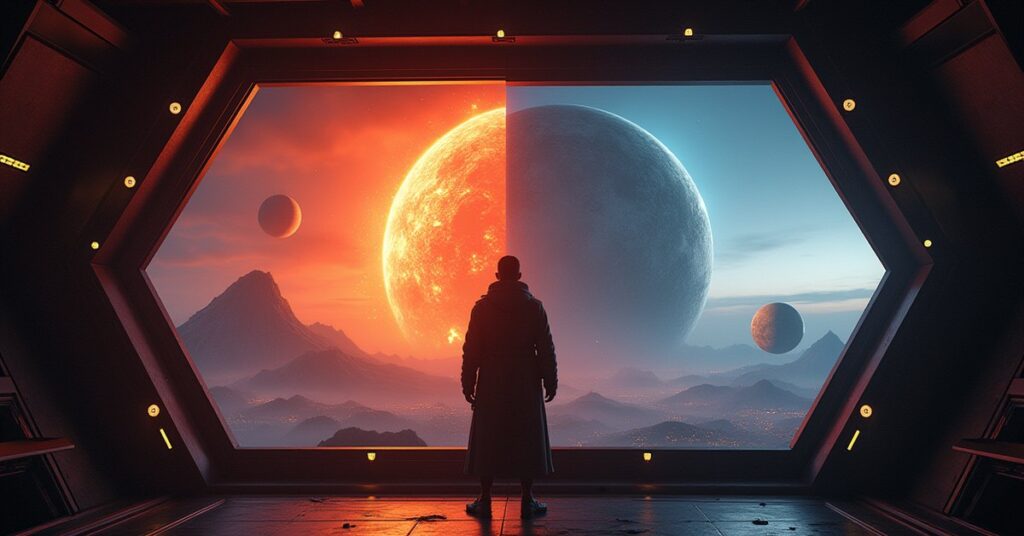 Q before a viewscreen showing an erupting planet, a quarantined world and a moon drifting toward a planet