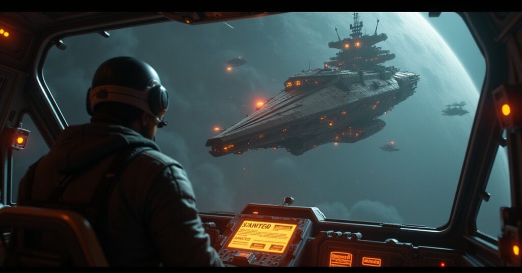 A starship cornering an outlaw vessel in a debris-filled star system in Star Trek Fleet Command