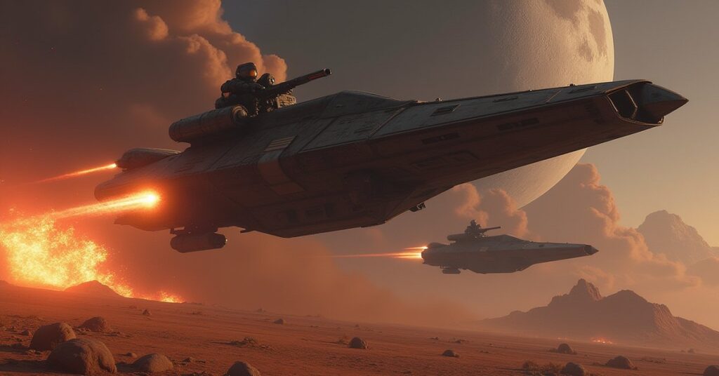 A starship attacking an outlaw raider above a barren moon in Star Trek Fleet Command
