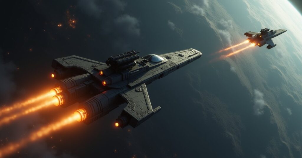 A bounty hunter starship closing in on an outlaw vessel near a dark planet in Star Trek Fleet Command