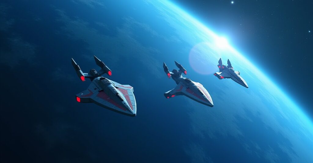 Federation, Romulan and Klingon ships gathered around a blue planet in Star Trek Fleet Command