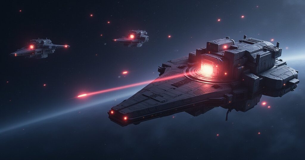A station defense lab tests shield emitters and weapon platforms against a starfield