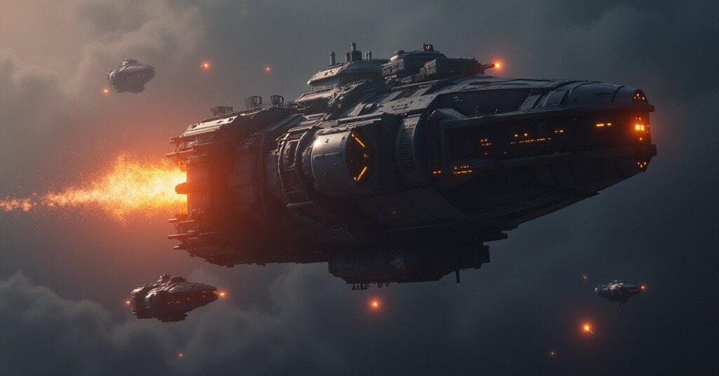 An orbital defense research tower with defense platforms firing test shots in Star Trek Fleet Command