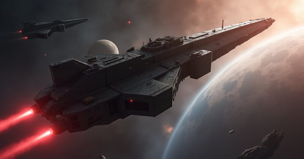 A Klingon warship facing a renegade battlecruiser above the Klingon homeworld in Star Trek Fleet Command