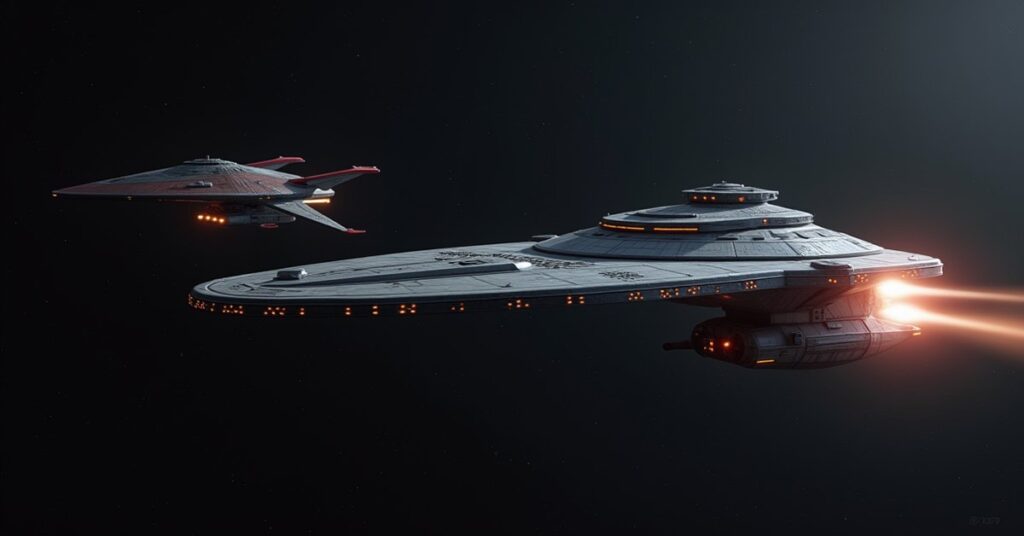 A Federation starship escorting a diplomatic shuttle past a hostile ship in Star Trek Fleet Command