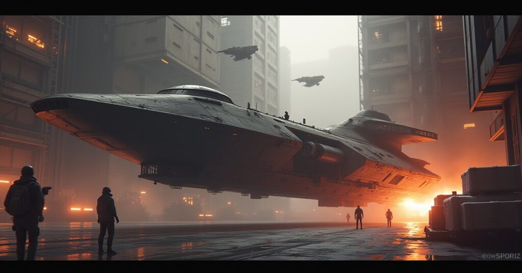 A starship unloads sealed cargo at an industrial plant as an Orion ship charges weapons