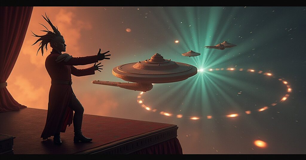 A starship defending a musician's stage ship from Klingon warships in Star Trek Fleet Command