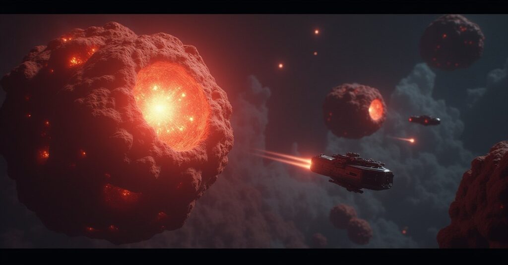 A mining ship cutting glowing crystal from a large asteroid in Star Trek Fleet Command