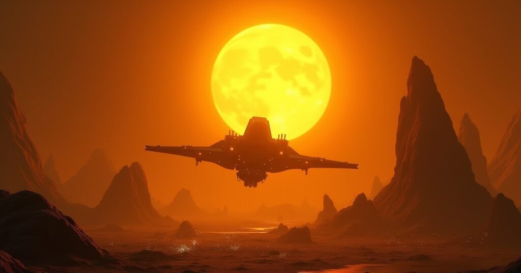 A starship arriving at a bright yellow star system with mining colonies in Star Trek Fleet Command