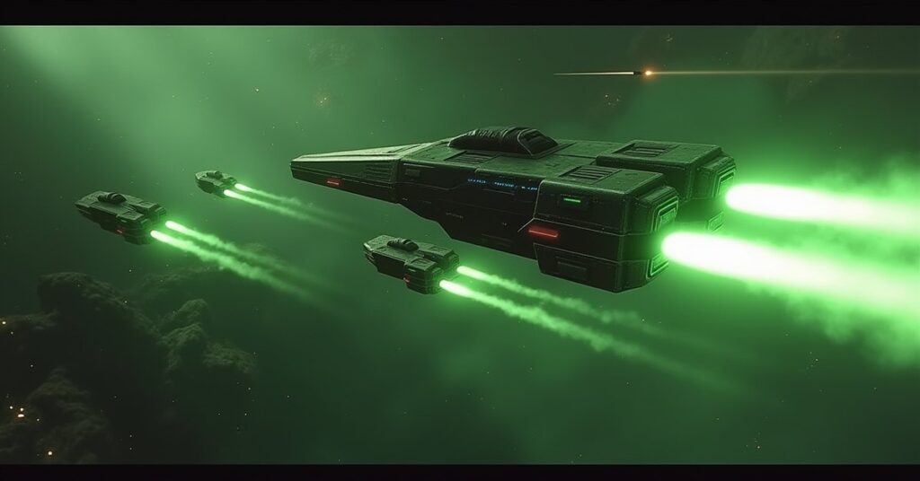 A starship chasing Nausicaan raiders carrying toxic gas in Star Trek Fleet Command
