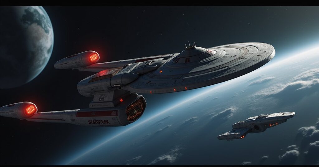 A starship facing off against a Starfleet vessel above a colony world in Star Trek Fleet Command