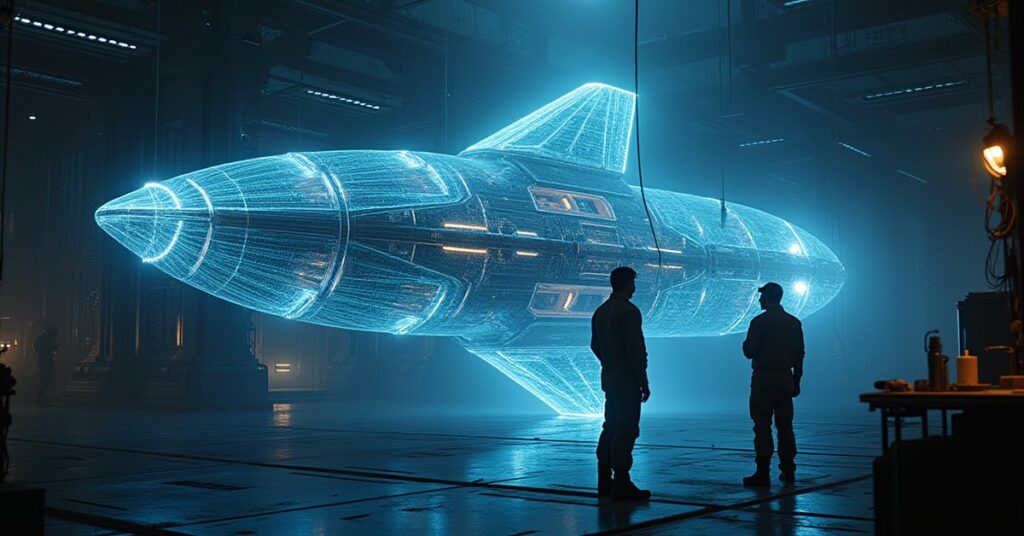 A holographic starship hull being reinforced in a station research lab in Star Trek Fleet Command