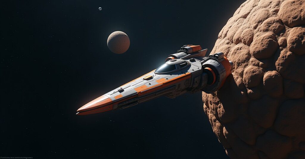 Mining ship extracting tritanium from an asteroid node near the neutral system Tellun in Star Trek Fleet Command