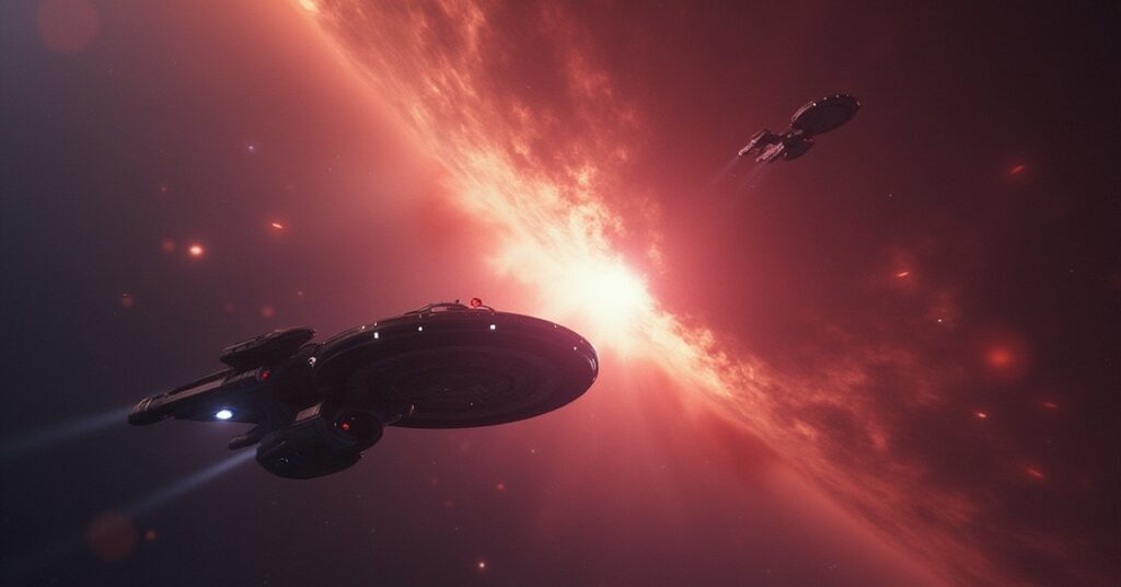A starship defending a glowing device as two Starfleet ships close in in Star Trek Fleet Command