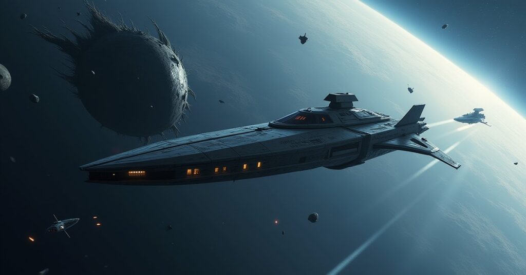 Augment starship escaping a damaged Starfleet outpost while a Starfleet cruiser gives chase
