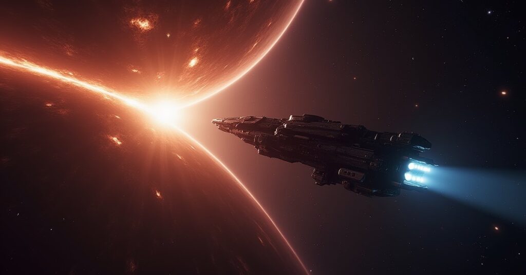 A starship approaching a shimmering energy barrier at the edge of a star system in Star Trek Fleet Command