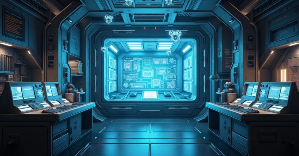 A space station research lab under upgrade with holographic schematics in Star Trek Fleet Command