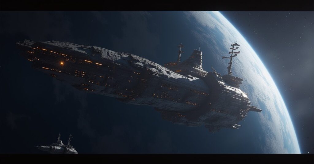 A fringe faction flagship near a massive starbase in Star Trek Fleet Command