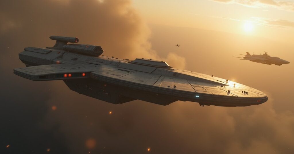 A starship escorting a doctor's shuttle past a mercenary warship in Star Trek Fleet Command