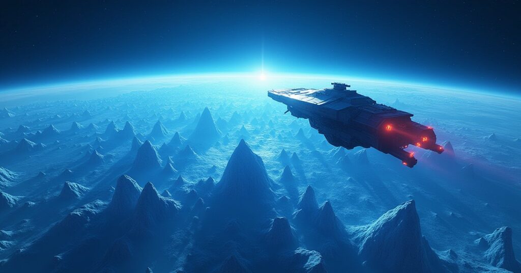 A science ship scanning a planet covered in giant diamond formations in Star Trek Fleet Command