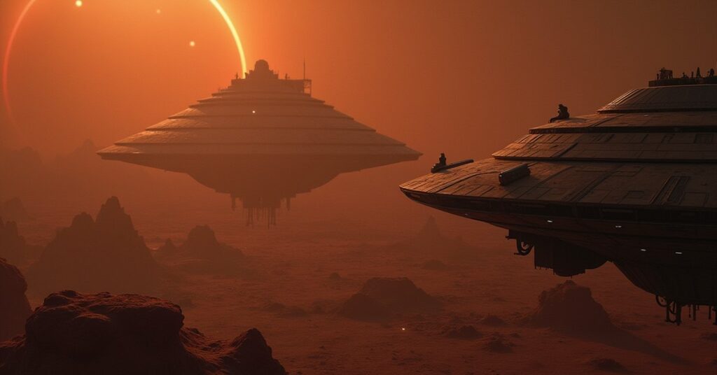 A starship scanning a dusty planet with hidden Romulan labs in Star Trek Fleet Command