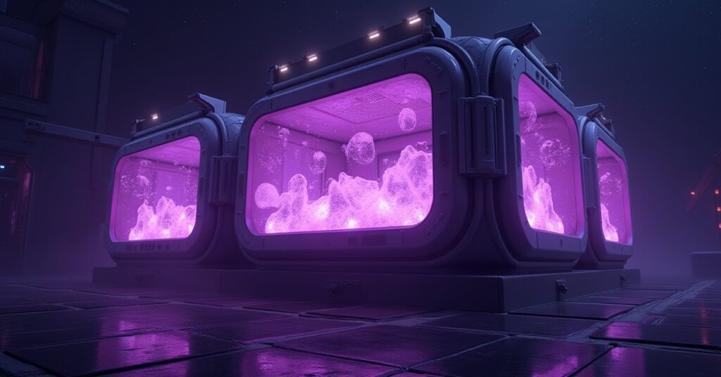 A glowing dilithium storage module on a space station in Star Trek Fleet Command
