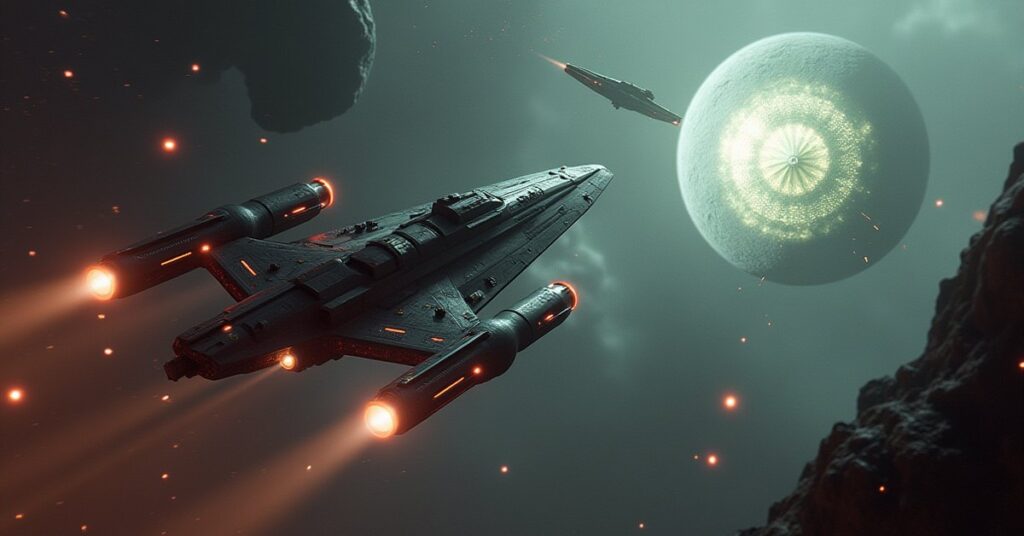 Two starships facing a glowing alien vessel above an ancient planet in Star Trek Fleet Command