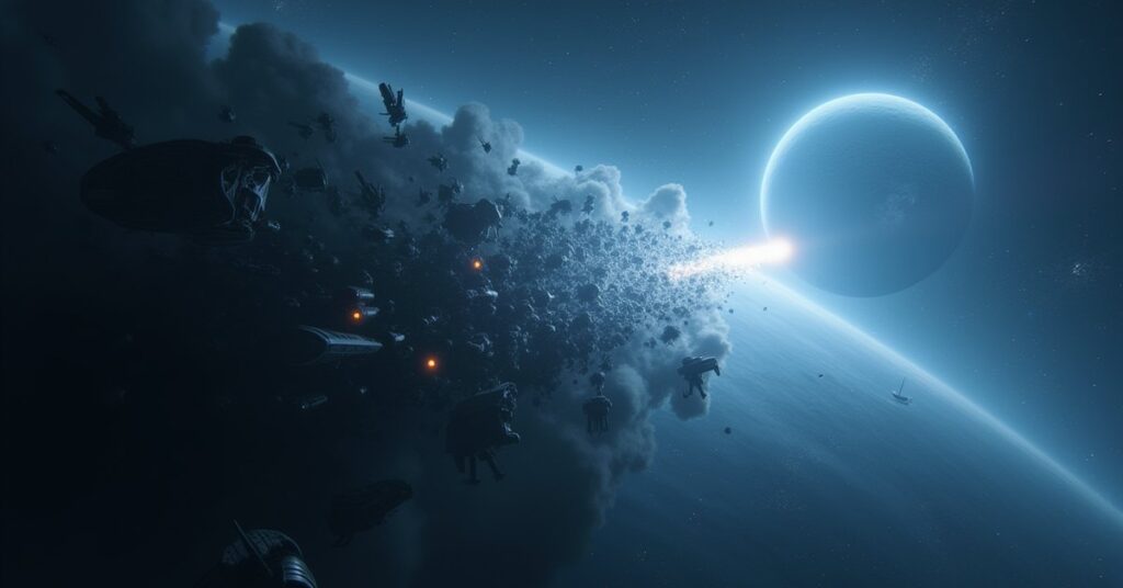 A swarm of small alien ships closing in on a starship near a distant starbase in Star Trek Fleet Command