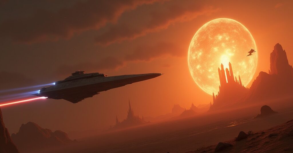 A starship bombarding a Cardassian weapons depot from orbit as a Galor-class ship approaches in Star Trek Fleet Command