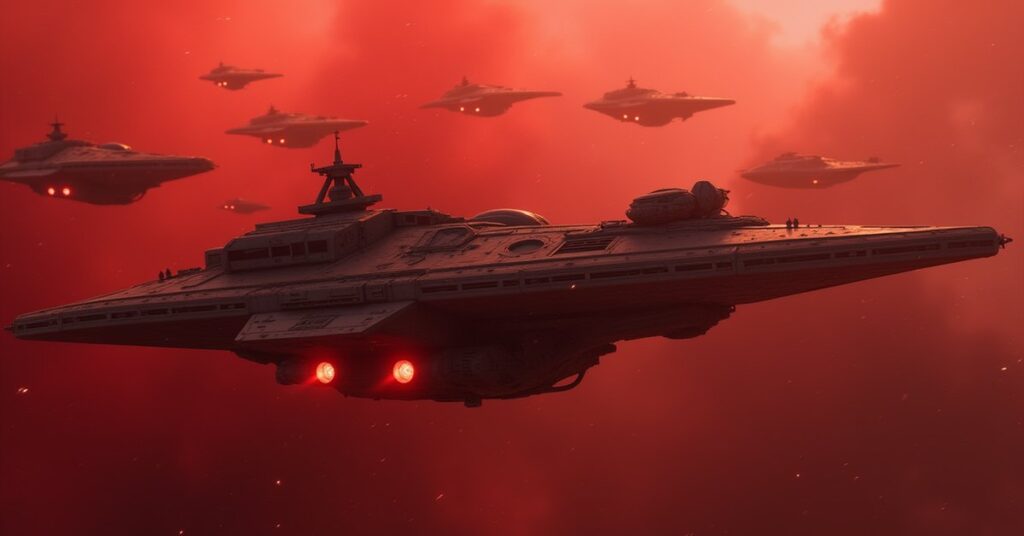 A starship confronting a Klingon battlecruiser in front of a Klingon fleet in Star Trek Fleet Command