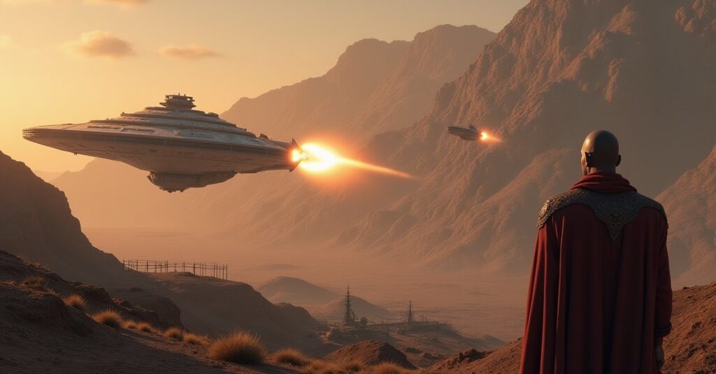 A starship attacks an Orion cruiser over a mining planet with a prison camp in Star Trek Fleet Command