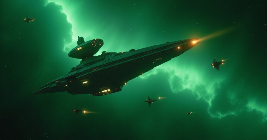 A starship defending the USS Discovery from Orion raiders near a green nebula in Star Trek Fleet Command