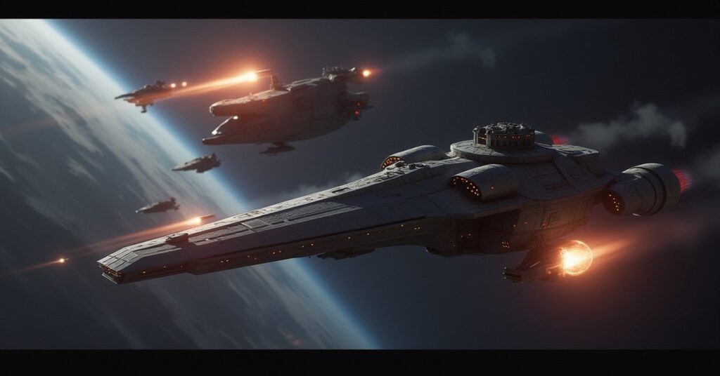 A small starship chasing down three agent vessels near a space station in Star Trek Fleet Command