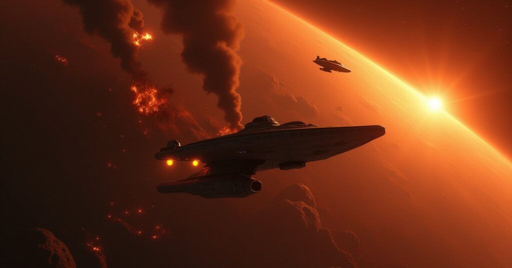 A Klingon warship confronting a starship above a burning factory world in Star Trek Fleet Command
