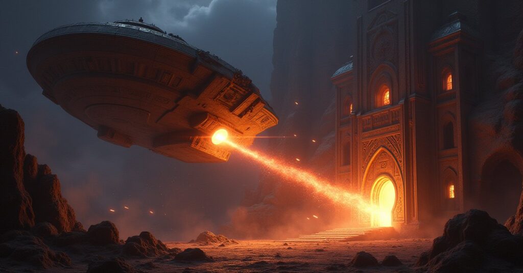 A starship beaming a vault up from a planet as raider ships attack in Star Trek Fleet Command
