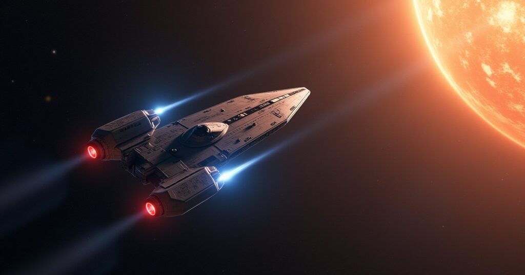 A Federation starship escorting a ship toward a prison colony planet in Star Trek Fleet Command